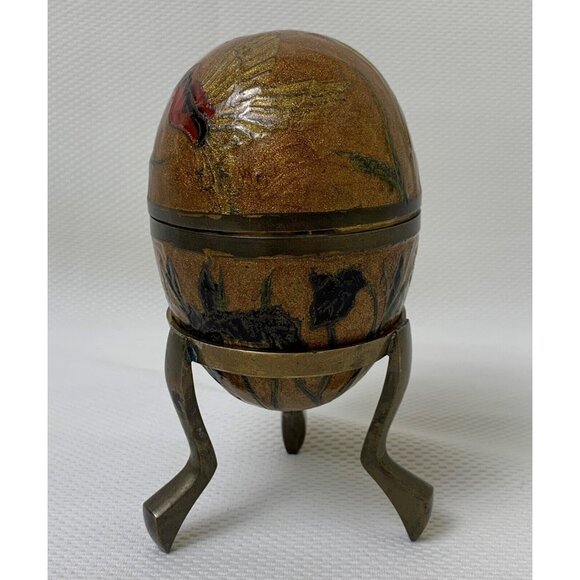 Vintage Brass Enamel Egg Cloisonne Trinket Box With Stand Hummingbird Flowers - Picture 8 of 16